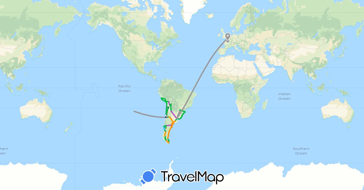 TravelMap itinerary: driving, bus, plane, train, boat, hitchhiking in Argentina, Bolivia, Brazil, Chile, France, Netherlands, Peru, Uruguay (Europe, South America)