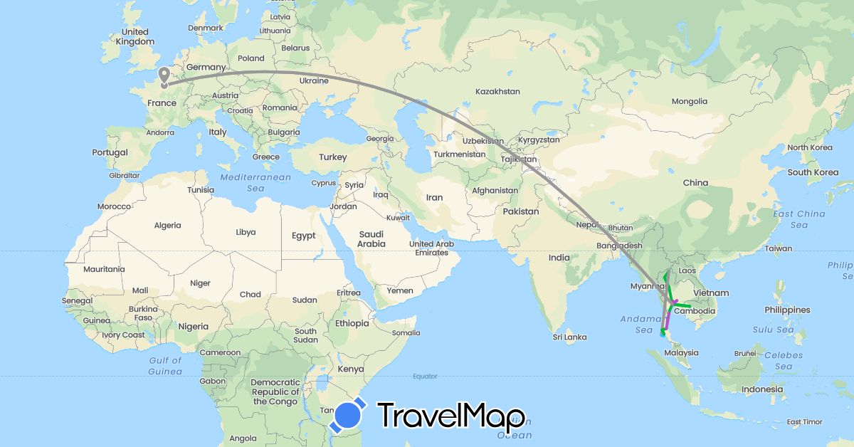 TravelMap itinerary: driving, bus, plane, train, boat in France, Cambodia, Thailand (Asia, Europe)